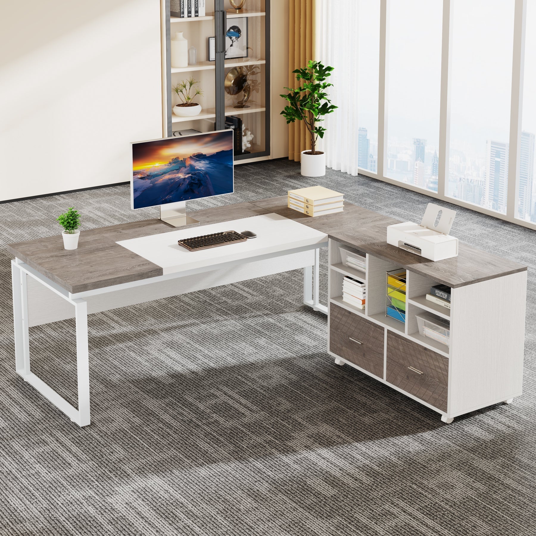 L-Shaped Executive Desk, 63" Computer Desk with Mobile File Cabinet Tribesigns